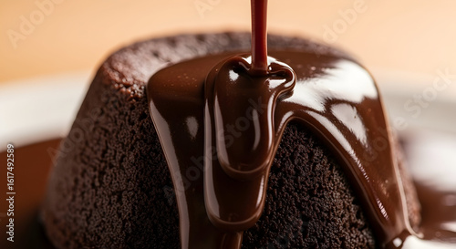 Chocolate lava cake being drizzled with chocolate sauce