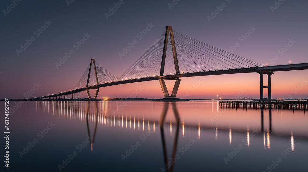 Obraz premium Cable stayed bridge over water reflecting lights at dusk or dawn time