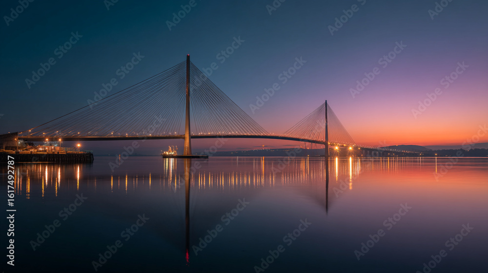 Naklejka premium Long bridge over water reflecting lights at sunset with sky colors