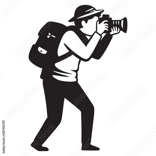 Black and white silhouette of a photographer taking pictures with a camera and backpack