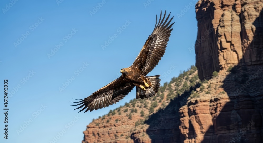 Fototapeta premium Title: Majestic golden eagle soaring high in a clear blue sky over rugged mountains.
