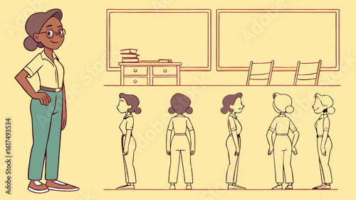 Illustration of a Confident Female Character in Various Poses in a Classroom