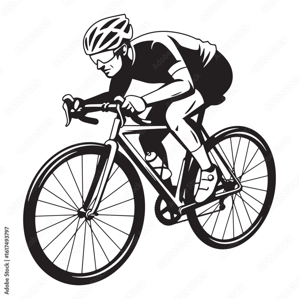 Fototapeta premium Cyclist in action riding road bike illustration black and white sport recreation fitness
