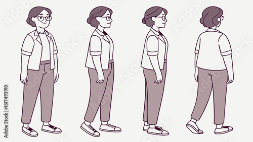 Illustration of a Woman in Various Standing Poses with Casual Attire