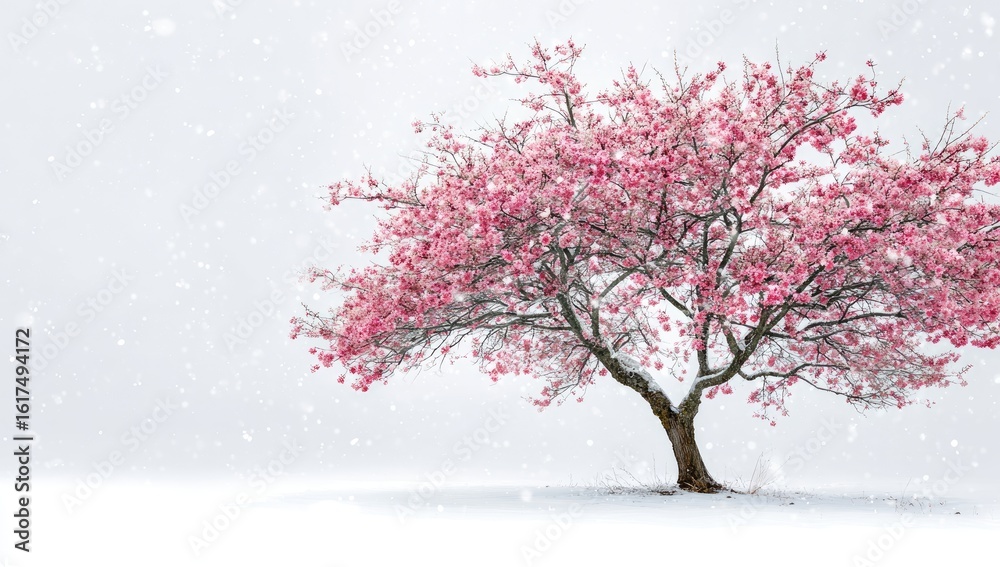 Fototapeta premium Pink cherry blossoms on a snow-covered tree in winter
