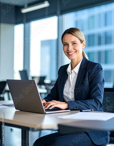 Smiling businesswoman sits at desk, typing on laptop in modern office