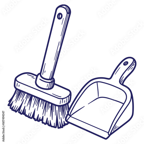 Hand drawn illustration of a broom and dustpan perfect for cleaning and household tasks