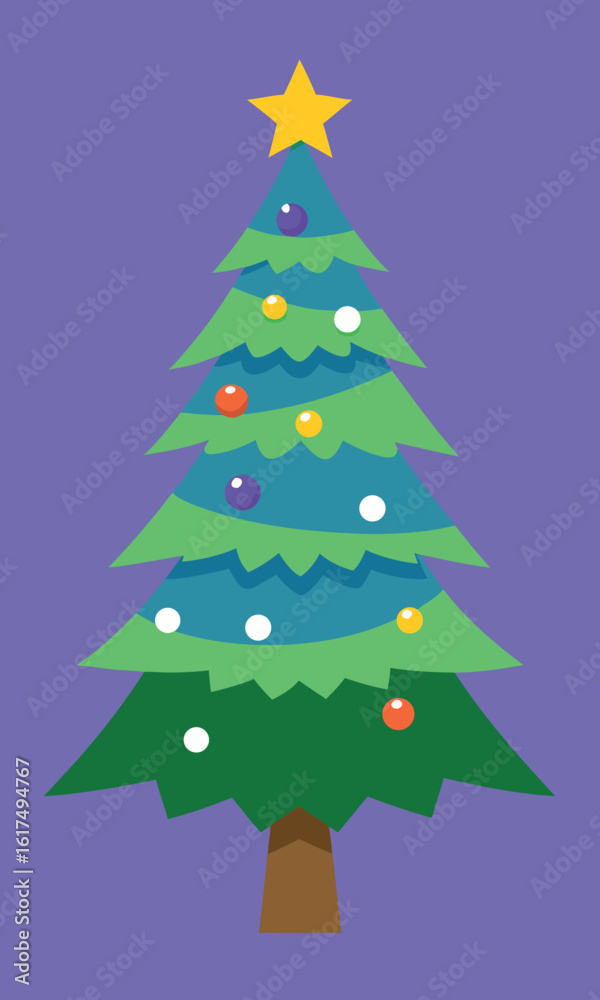 Naklejka premium Festive Christmas Tree with Snow Lights and a Cat Illustration
