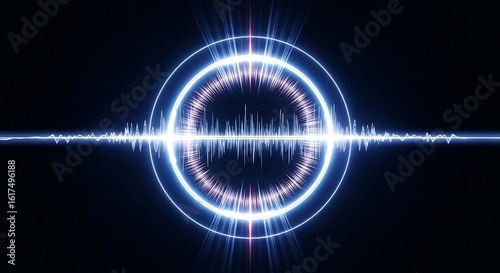 Neon circle background, glowing rings in the center, radiant energy waves, dark space backdrop, sci-fi style visual