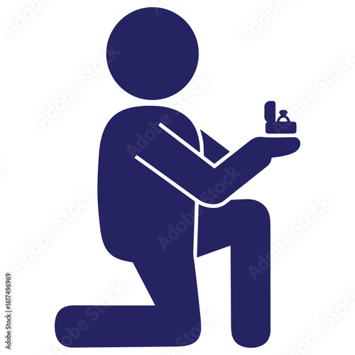 Simple blue icon of a man on one knee proposing with an engagement ring