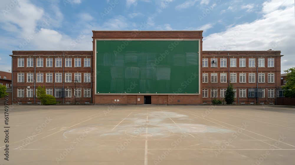 Naklejka premium Large brick building with green wall and outdoor court
