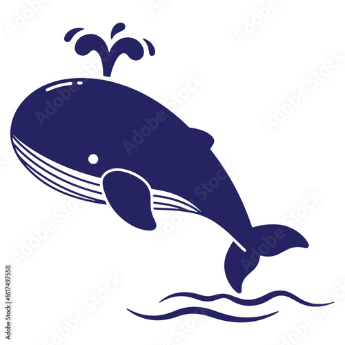 Stylized illustration of a blue whale jumping and spouting water in simple vector art