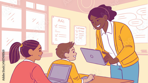 Teacher Guiding Students with Laptop During Collaborative Learning Session in