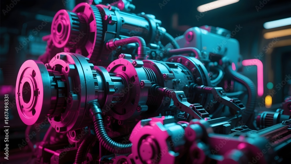 Fototapeta premium Complex Mechanical Engine with Neon Lighting in a Futuristic Setting