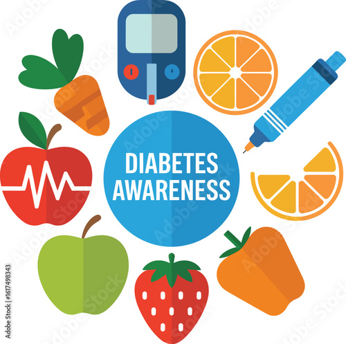 Diabetes awareness concept illustration with flat design icons representing a healthy lifestyle, diet, and blood sugar monitoring.