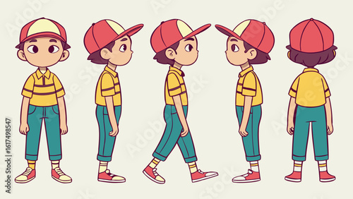 Young Boy Character Design in Multiple Poses with Colorful Clothing and Hat