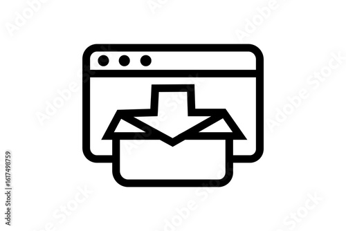 The image displays a minimalist line art icon representing a download process or a file being received into a digital container