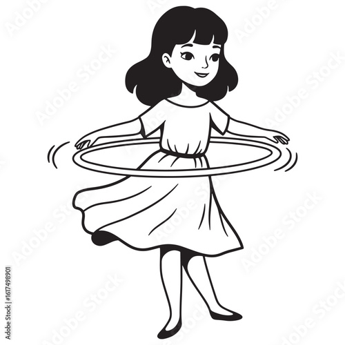 Young girl joyfully playing with a hula hoop simple black and white illustration