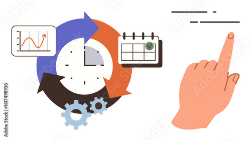 Clock surrounded by arrows, calendar, gears, and a hand pointing. Represents task organization, productivity, workflow, scheduling efficiency project planning focus. Ideal for time tracking
