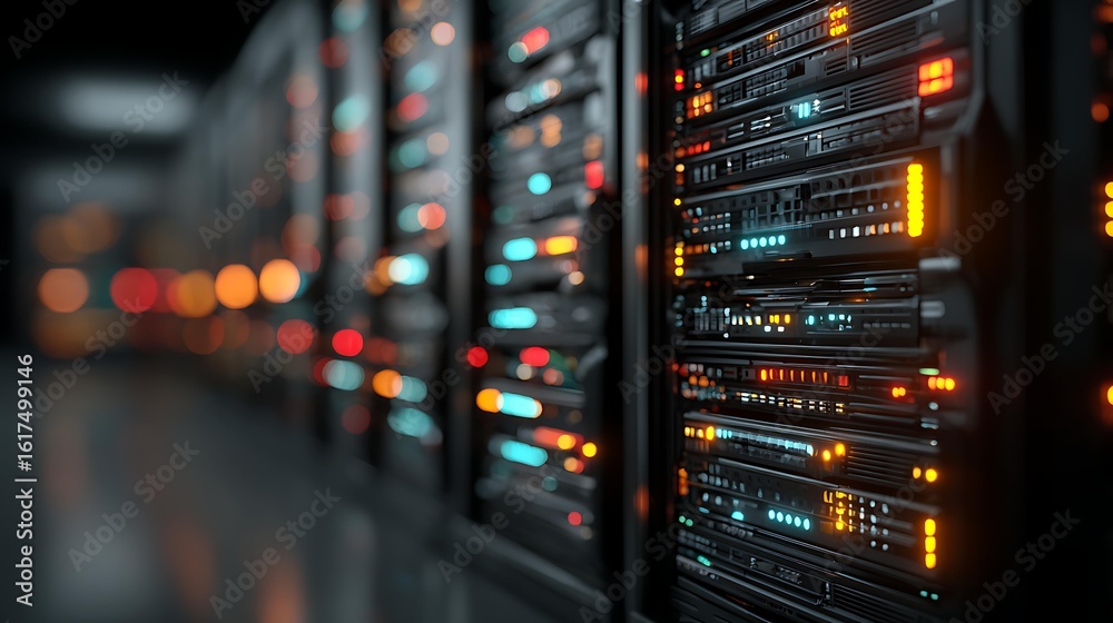 Naklejka premium A close-up of a server rack with glowing indicator lights, with abstract AI algorithms visually representing data categorization and harvesting. Research and Academia Data Management and Governance