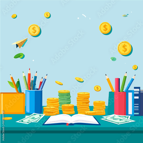 Colorful vector illustration representing finance and education featuring a book, pencils, cash money, and gold coins, suitable for various creative design projects.