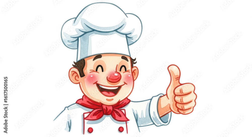 A happy cartoon chef with a red nose and a chefs hat gives a thumbs up, isolated on a transparent background A happy cartoon chef with a red nose and a chefs hat gives a thumbs up, isolated on a transparent background