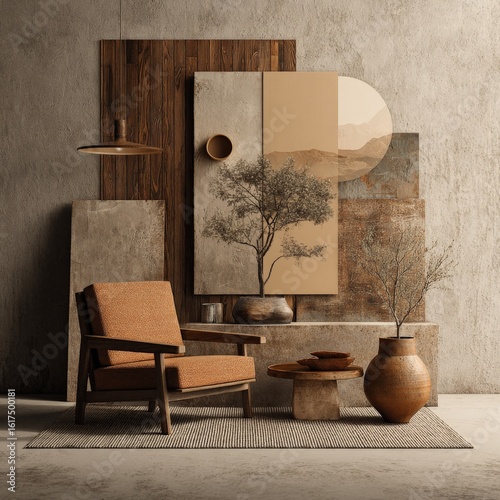 Furniture mood board with Mexican design and style combined with the wabi-sabi style, with sandy and warm tones