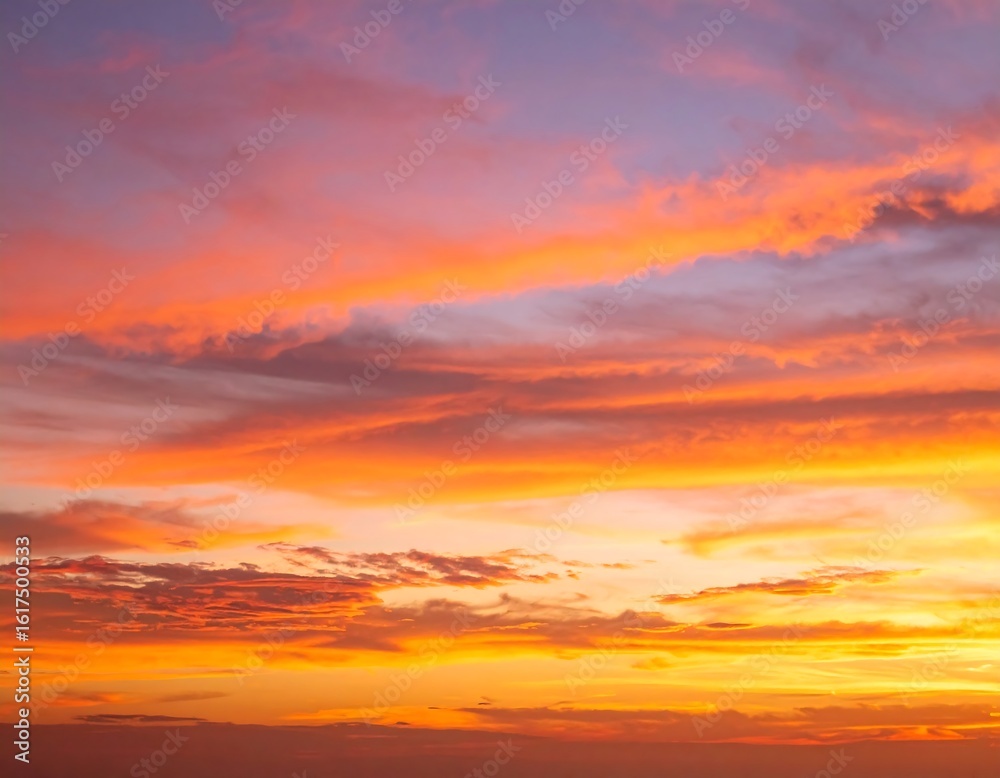 Obraz premium Vivid sunset hues paint the sky with streaks of orange, pink, and purple clouds