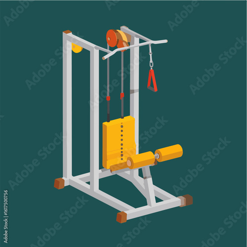 Isometric vector illustration of a lat pulldown machine, professional gym equipment for strength training and muscle building. Fitness concept for back workouts and body conditioning exercises.