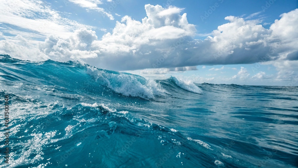 Fototapeta premium Ocean Wave, Turquoise Water, Bright Sunny Sky, Dramatic Cloudscape, Serene Seascape, Summer Vacation, Tropical Paradise, High-Resolution Stock Photo.