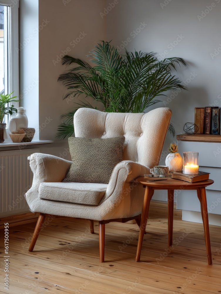 Fototapeta premium scandinavian home modern studio interior, casual clean set with a comfortable armchair and a side table, soft natural ambient light during daytime, warm and cozy atmosphere