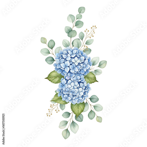 Elegant Watercolor Floral Arrangement with Blue Hydrangeas and Eucalyptus
