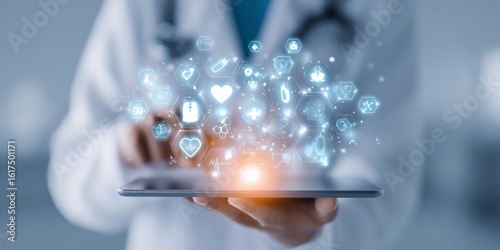 Businessman uses his finger to touch a virtual screen, connecting to the global network