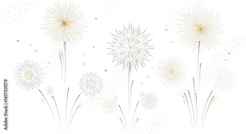 A collection of elegant gold and silver fireworks bursting in a celebratory display against a clean transparent background