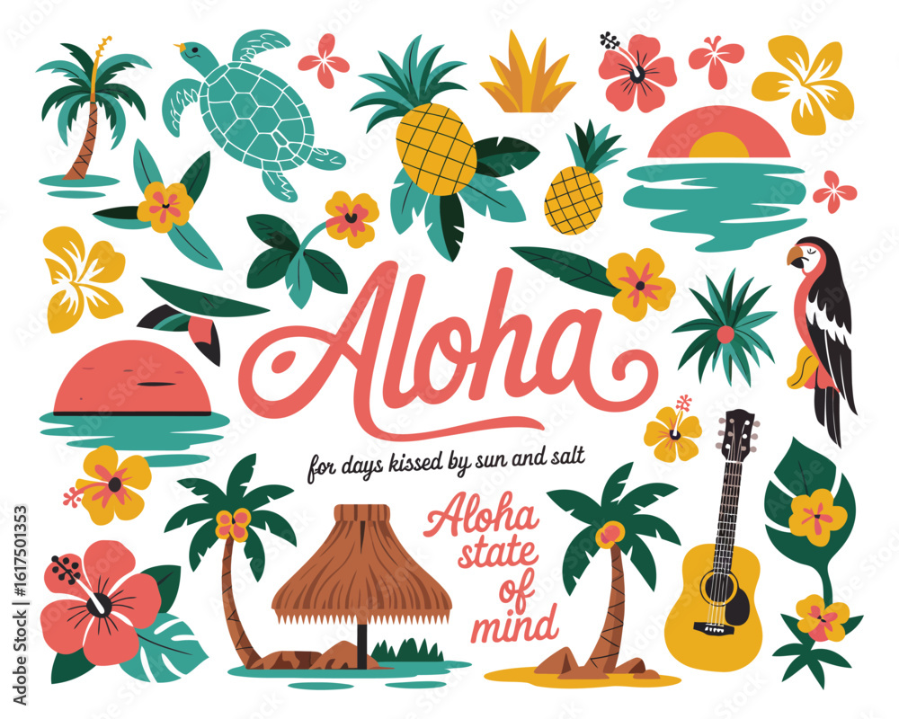 Naklejka premium A retro 1960s-inspired Aloha illustration with Hawaiian tropical elements like palm trees, pineapples, and sunsets.