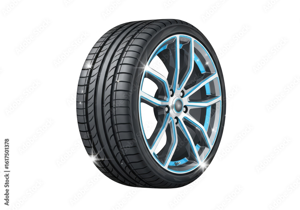 Obraz premium A modern car tire and alloy wheel with blue accents, isolated on a transparent background