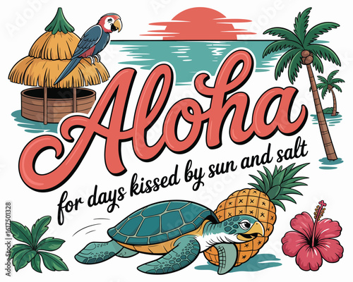 Vintage tropical Aloha postcard design. A retro 1960s style illustration with a sea turtle, parrot, and pineapple.