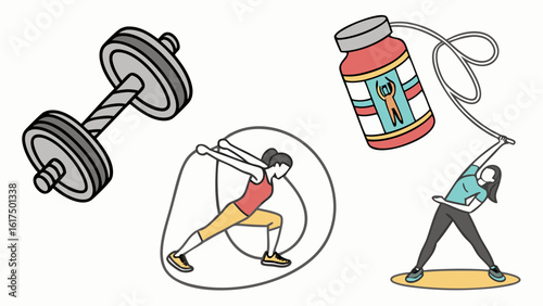 Fitness Equipment and Activities Including Dumbbell, Jump Rope, and Supplements