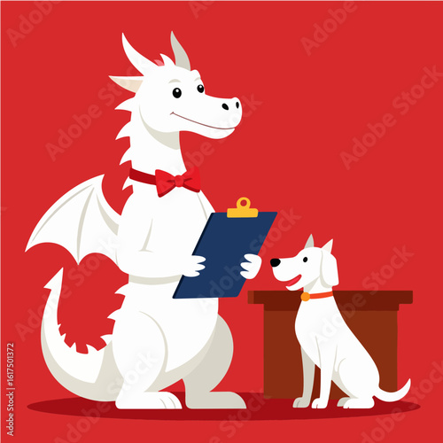 An illustration depicting a whimsical scene of a dragon holding a clipboard while interviewing a dog, with a minimalist design and a bright red background.