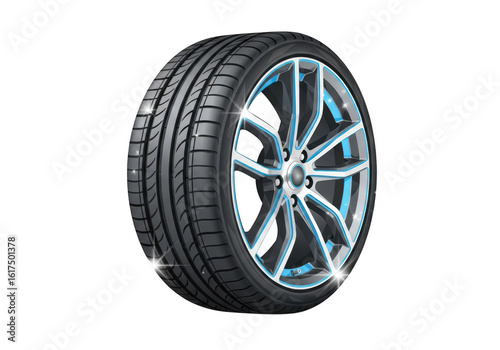 A modern car tire and alloy wheel with blue accents, isolated on a transparent background