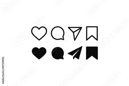 Clean Instagram Icon Set Featuring Heart Speech Bubble Paper Airplane and Bookmark for Social Media Engagement and Functionality