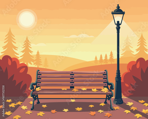 Autumn park illustration, stylized 2D vector of a serene park scene with a bench, lamppost, fallen leaves, and golden sunset, perfect for seasonal, landscape, and tranquil nature designs
