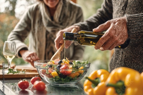 Senior couple preparing a salad, pouring oil (1)
