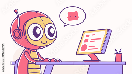 Smiling Cartoon Robot with Headset Working on a Computer in a Digital Workspace