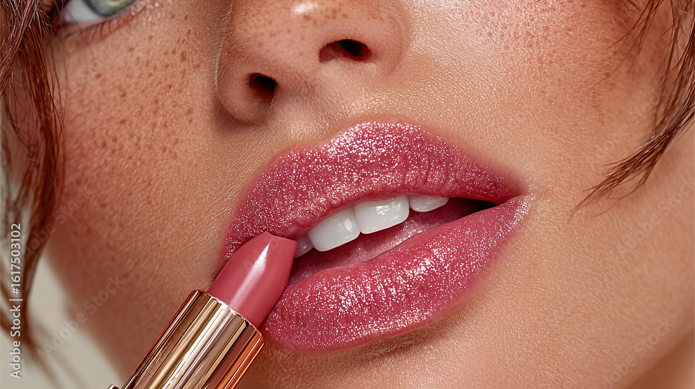 Naklejka premium close-up of lips applying lipstick