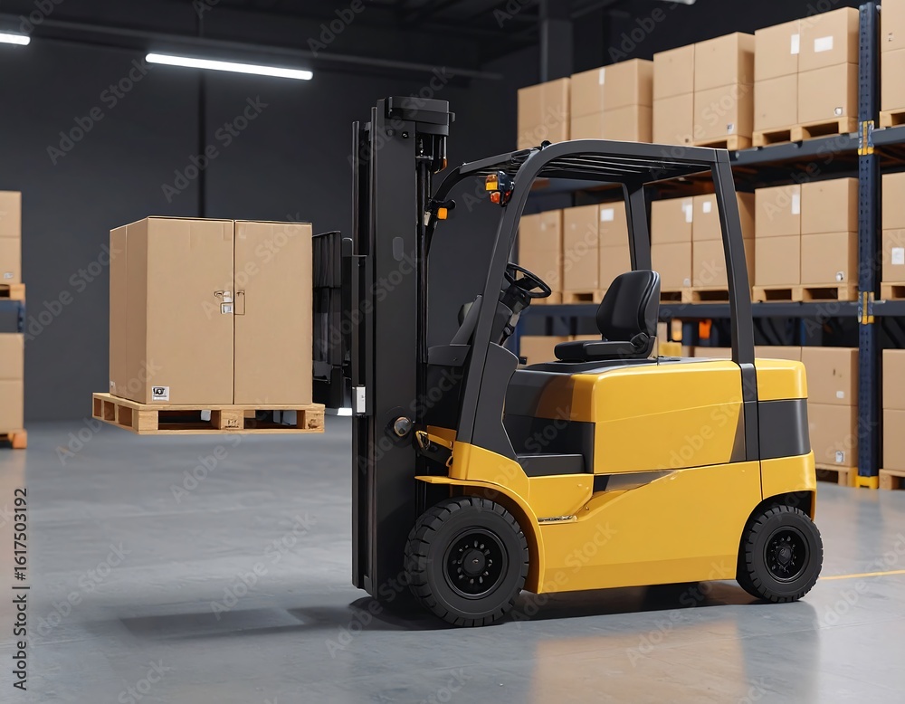 Naklejka premium Yellow forklift lifting a pallet of boxes in a warehouse