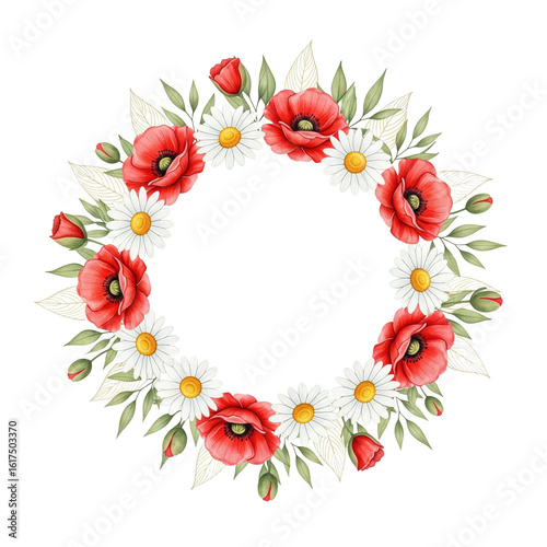 Watercolor Floral Wreath with Red Poppies and White Daisies