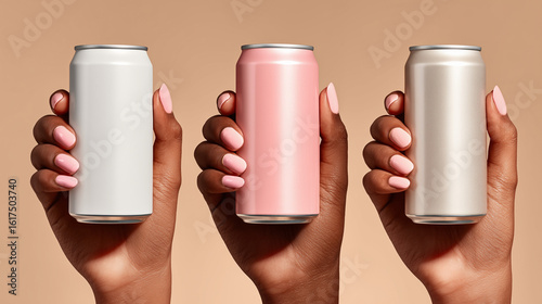 Mockup, Three hands holding plain white soda cans,