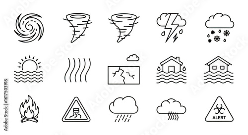 A collection of line icons representing various natural disasters and weather phenomena, including storms, floods, fires, and hazards isolated on transparent background