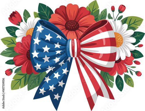 Patriotic floral bow illustration, vibrant vector design celebrating American spirit with red, white, and blue flowers, perfect for Independence Day, patriotic holidays, and festive decoration